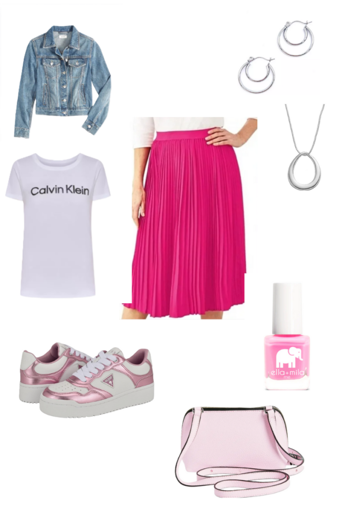 With the fuchsia hot pink pleated midi skirt as the focal point, I decided to pair it with a medium-wash denim jacket, Guess sneakers, and a Calvin Klein t-shirt. To further enhance the outfit, I added silver hoop earrings, a silver pendant necklace, and a crossbody bag in soft pastel pink with black trim. Lastly, I finished the look with a light pink pastel polish for the perfect touch