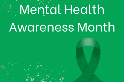 Green background with the text "May is Mental Health Awareness Month" centered in bold, promoting mental health awareness.